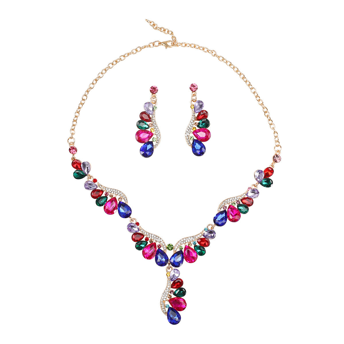 Personalized Wing-Shaped Alloy Necklace and Earrings Set with Rhinestone Drop Pendant on O-Chain for Women