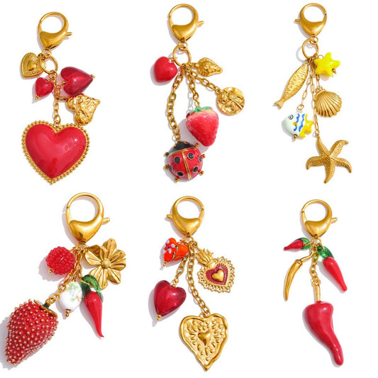 Colorful Heart Strawberry Fruit Metal Plated Keychain Bag Charm