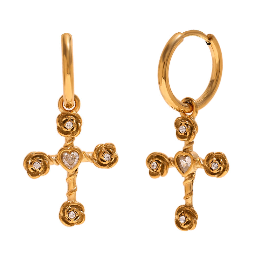 Collana con Pendente a Croce da Donna Stile Vintage in Acciaio Inossidabile con Placcatura in Oro 18K e Strass Bianchi