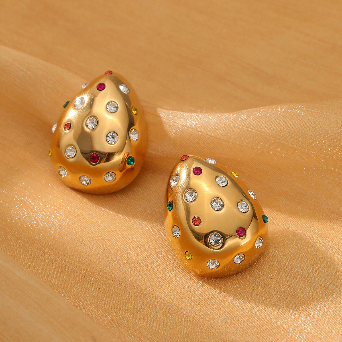 Pendientes de Acero Inoxidable con Baño de Oro de 18K y Forma de Gota de Agua con Incrustaciones de Pedrería para Mujer