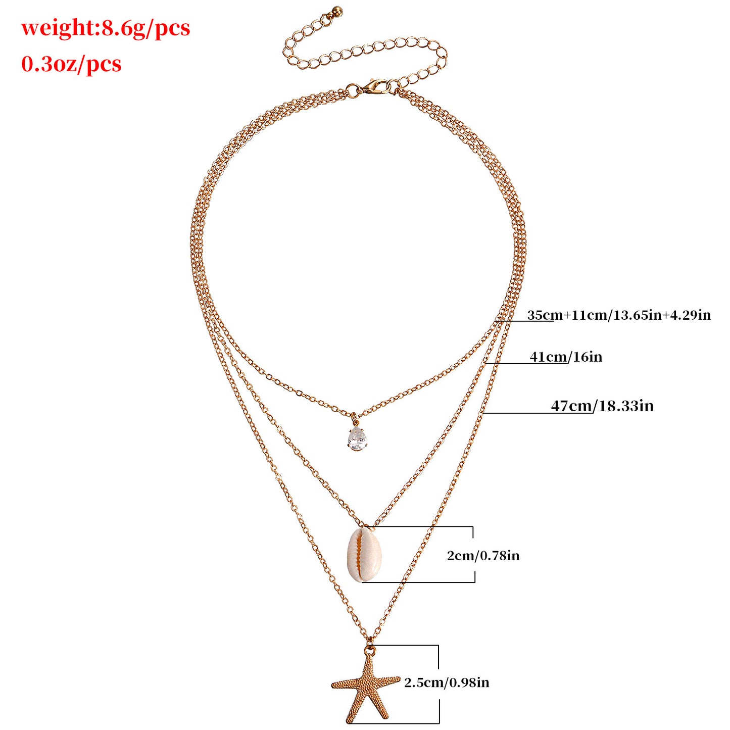 Collana girocollo con ciondolo a stella marina e conchiglia minimalista da donna con base in lega e intarsio in strass, catena multistrato regolabile