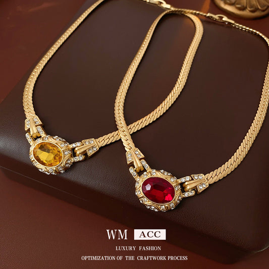Collar de cadena de serpiente de aleación con colgante ovalado geométrico vintage y circonitas incrustadas para mujer
