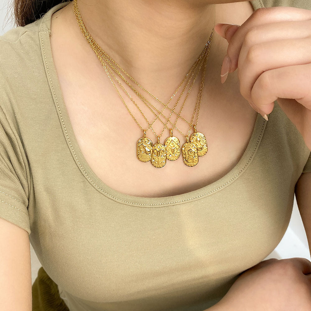 Minimalist Square Zodiac Pendant Necklace in Stainless Steel with Rhinestone Inlay and 18K Vacuum Plating for Women