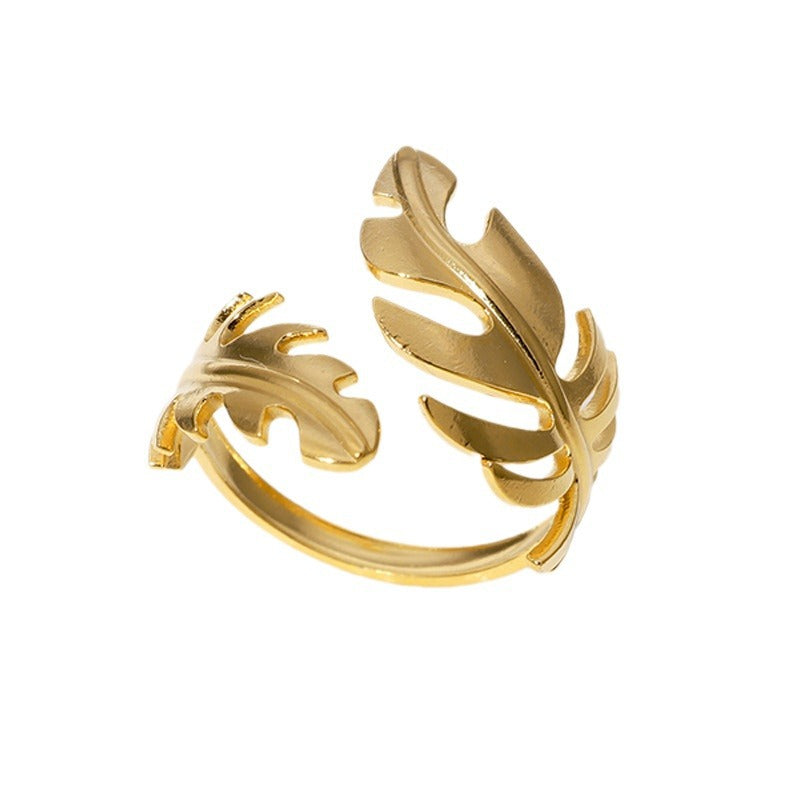 Minimalist Leaf-Shaped Stainless Steel Open Ring for Women with Plated Finish
