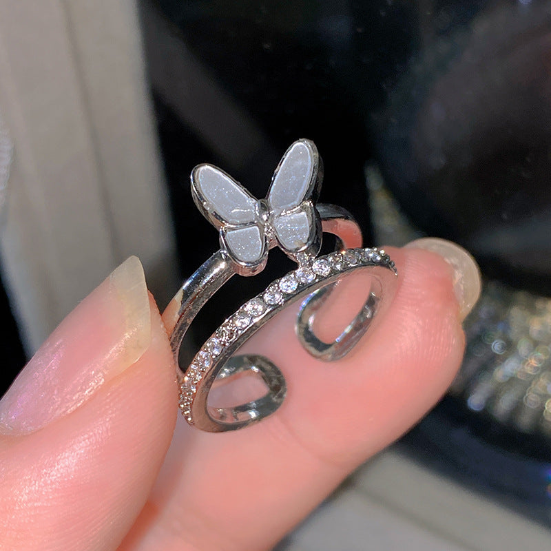 Sweet Elegant Heart Butterfly Brass Ring with Cubic Zirconia Handmade Adjustable