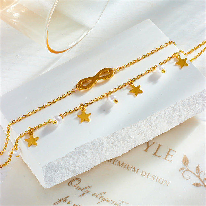 Fashion Retro Beach Style Multi-Layer Ankle Chain with Tassel and Eight-Pointed Star Pendant in Stainless Steel