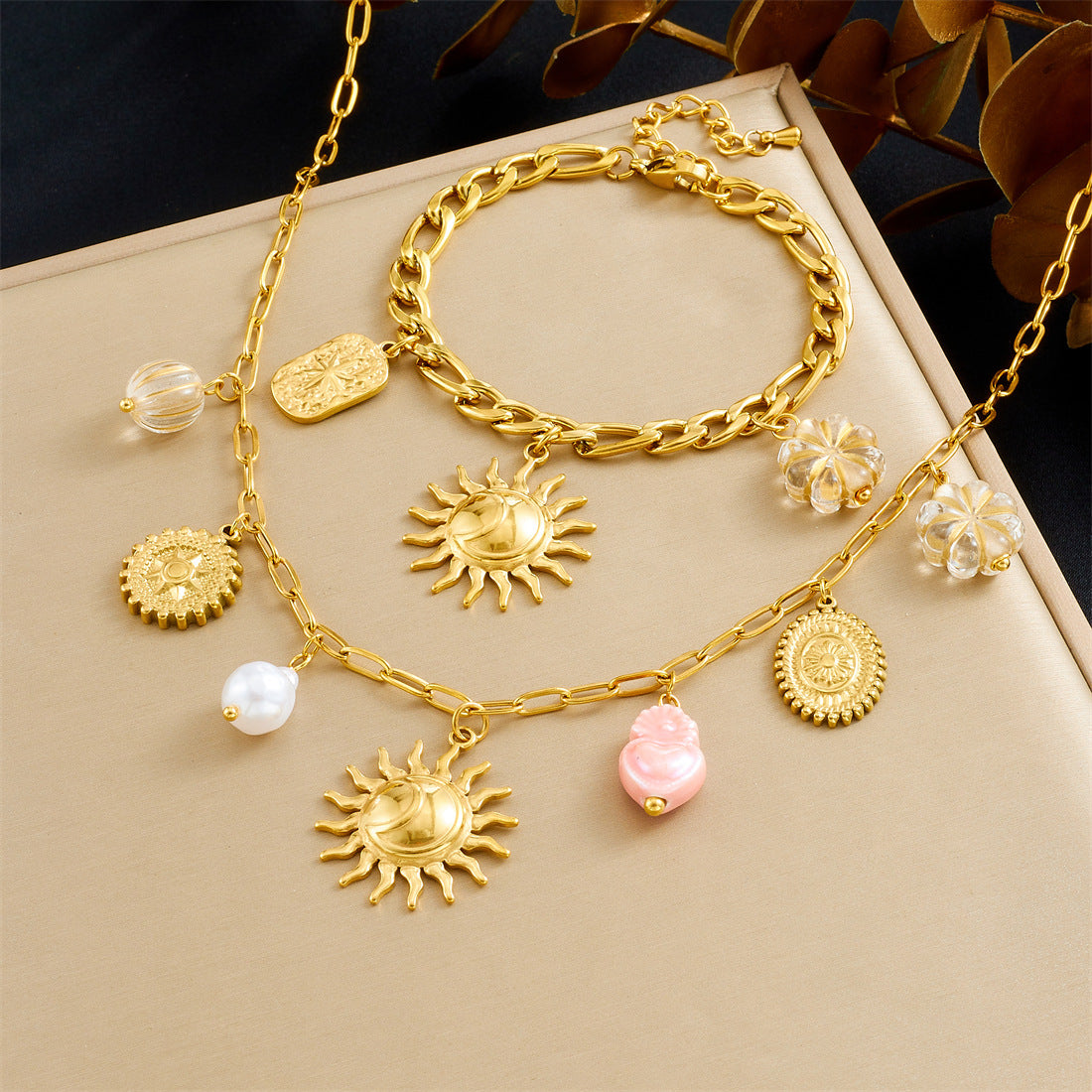 Vintage Elegant Stainless Steel Plated Round Heart Star Moon Pendant Necklace and Bracelet Set for Women with Curb Chain