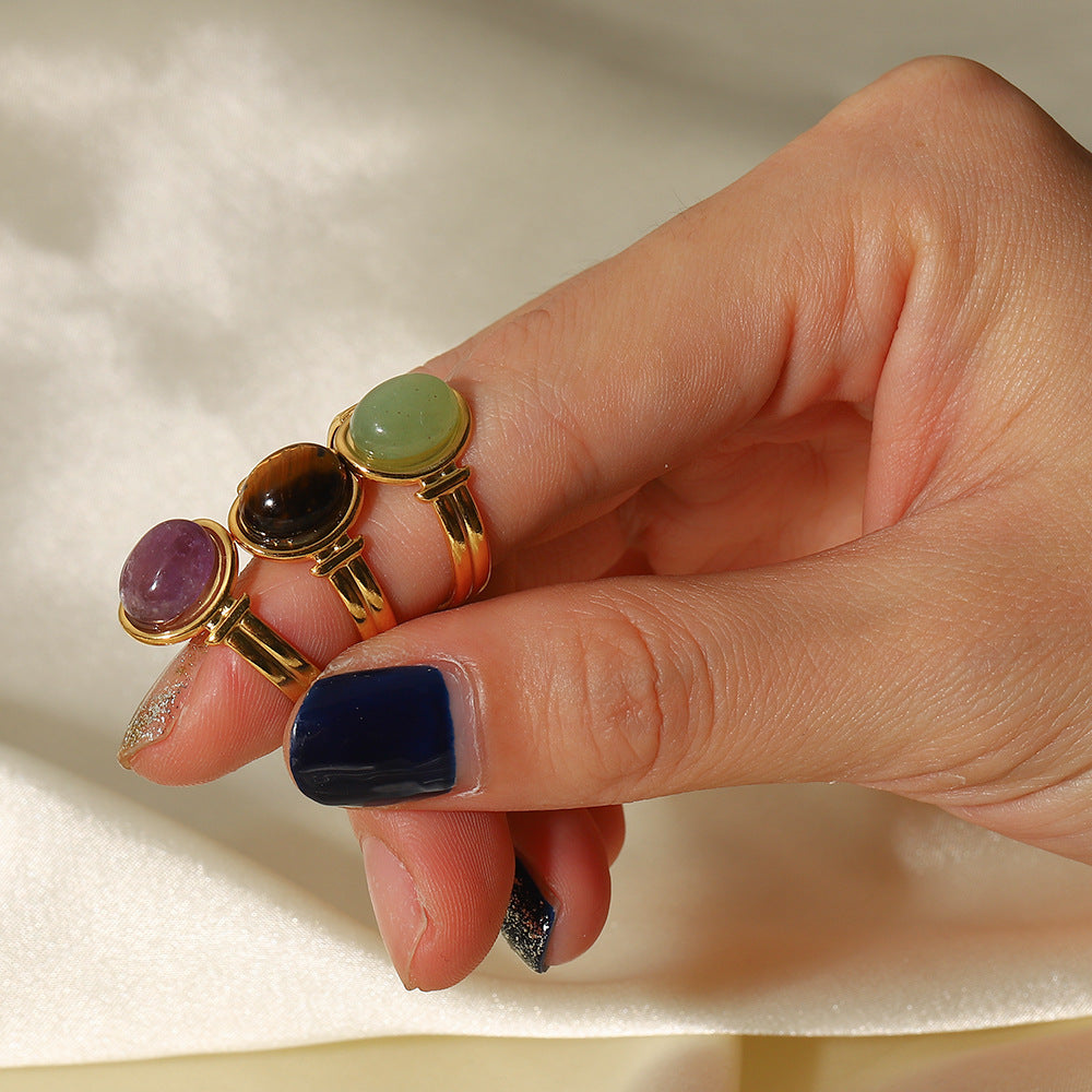 Anello da donna aperto stile Ins geometrico ovale con occhio di tigre verde viola, pietra semipreziosa placcata oro 18 carati