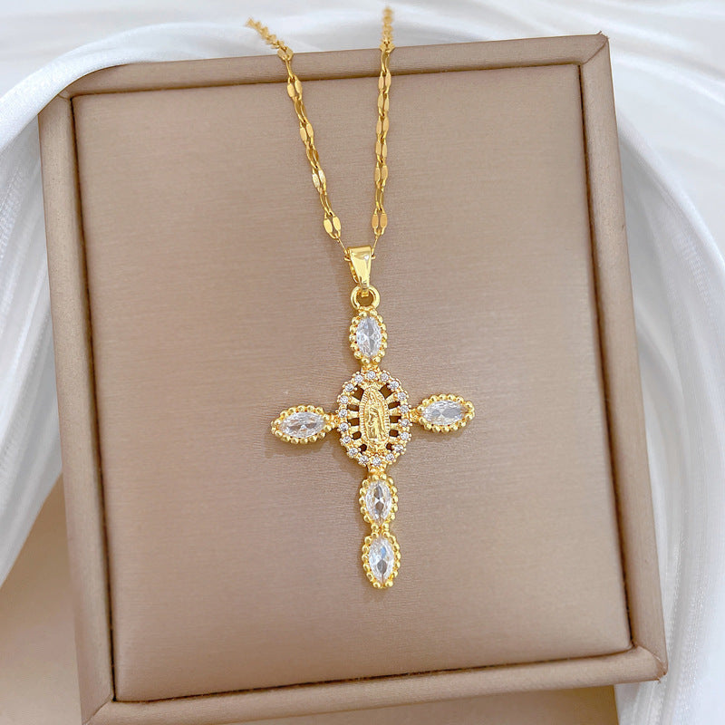 Sweet Full Rhinestone Cross Geometric Titanium Steel Necklace for Unisex