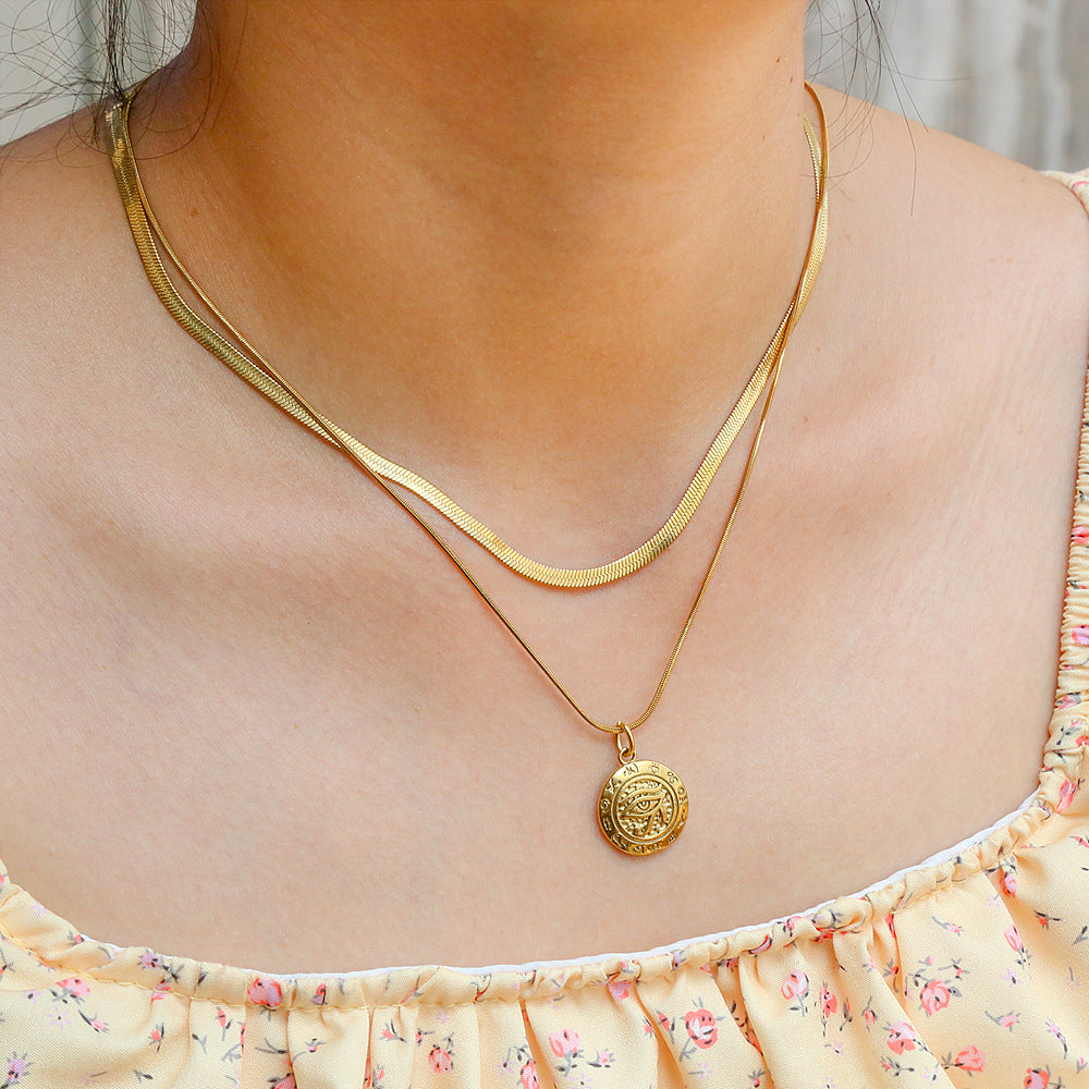Collar de cadena de serpiente de doble capa a la moda con colgante de ojo turco en acero inoxidable con baño de oro de 18 quilates