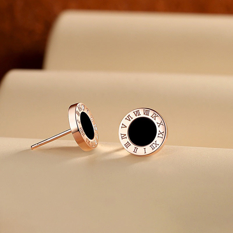 Minimalist Roman Numeral Titanium Steel Stud Earrings for Women with Plated Finish Fashionable Fall Winter Ear Jewelry