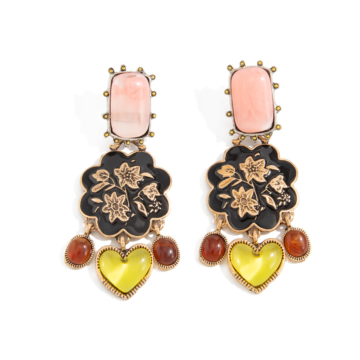 Vintage Geometric Heart Round Alloy Plated Gemstone Earrings for Women
