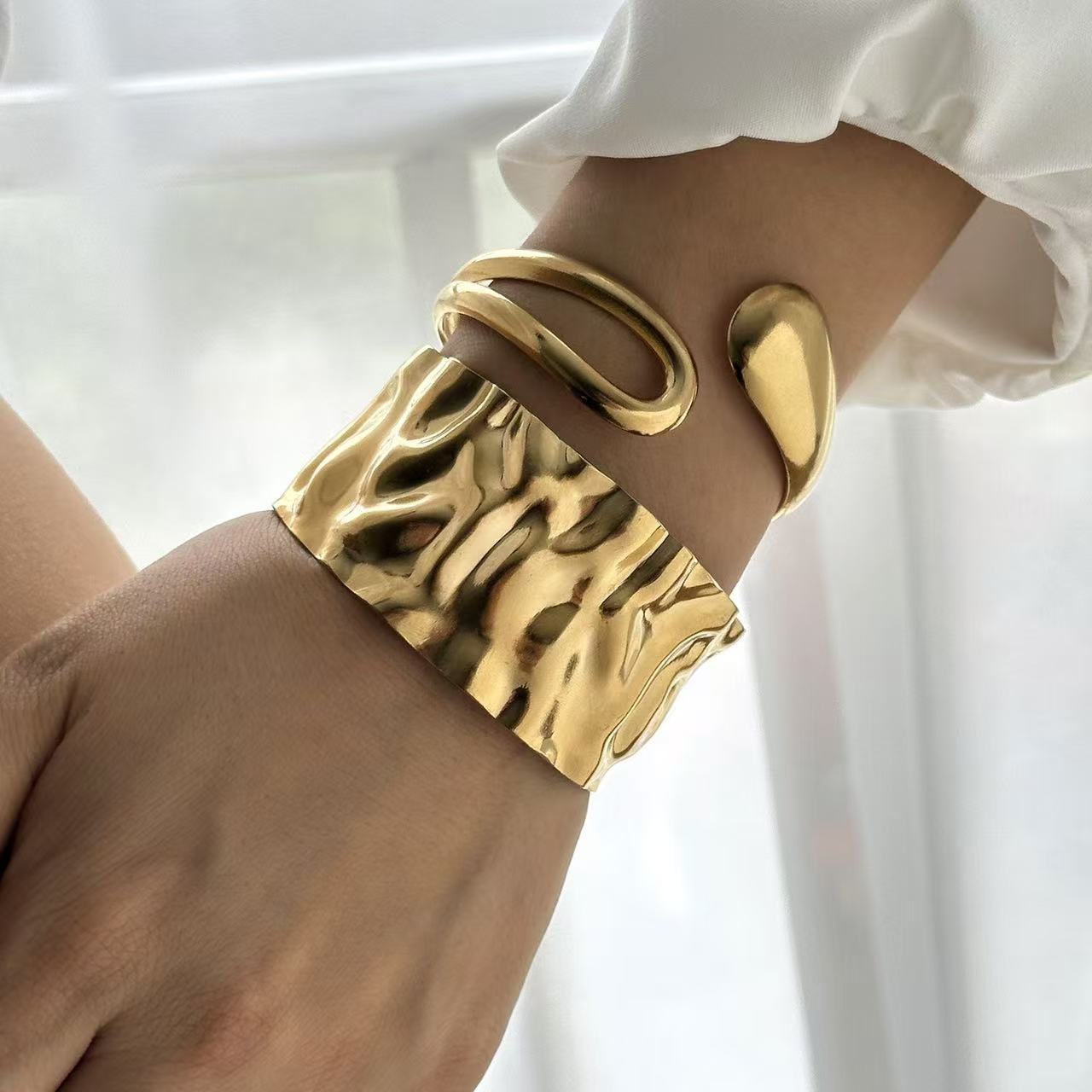Fashion Geometric Textured Wave Pattern Plated Stainless Steel Wide Open Cuff Bracelet for Women