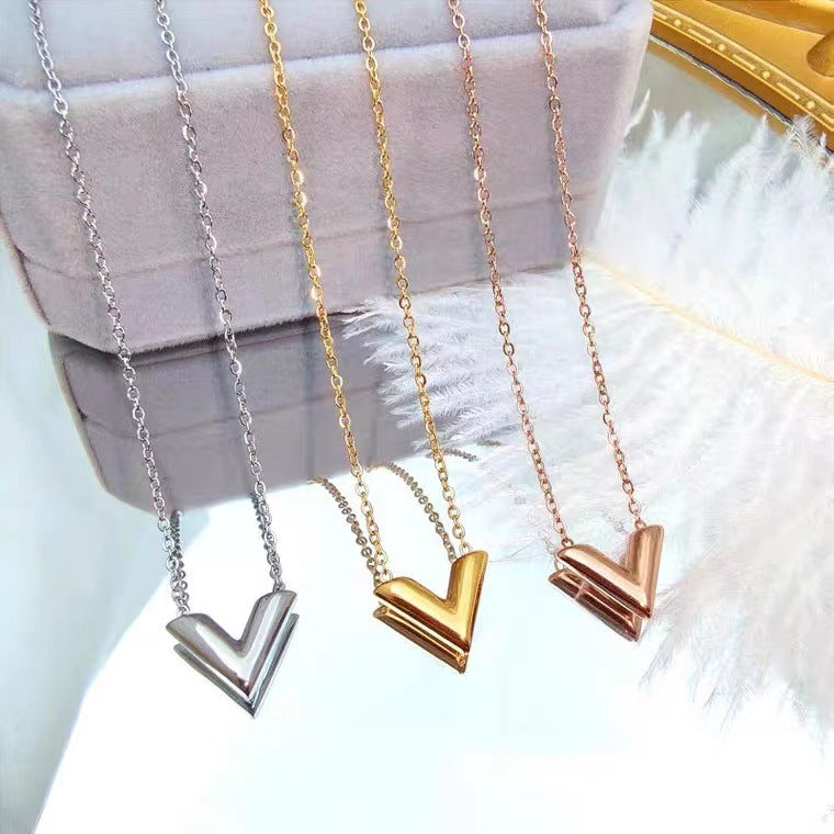 Minimalist Luxe V-Shaped Pendant Necklace for Women in Titanium Steel with Gold Plating Snake Chain