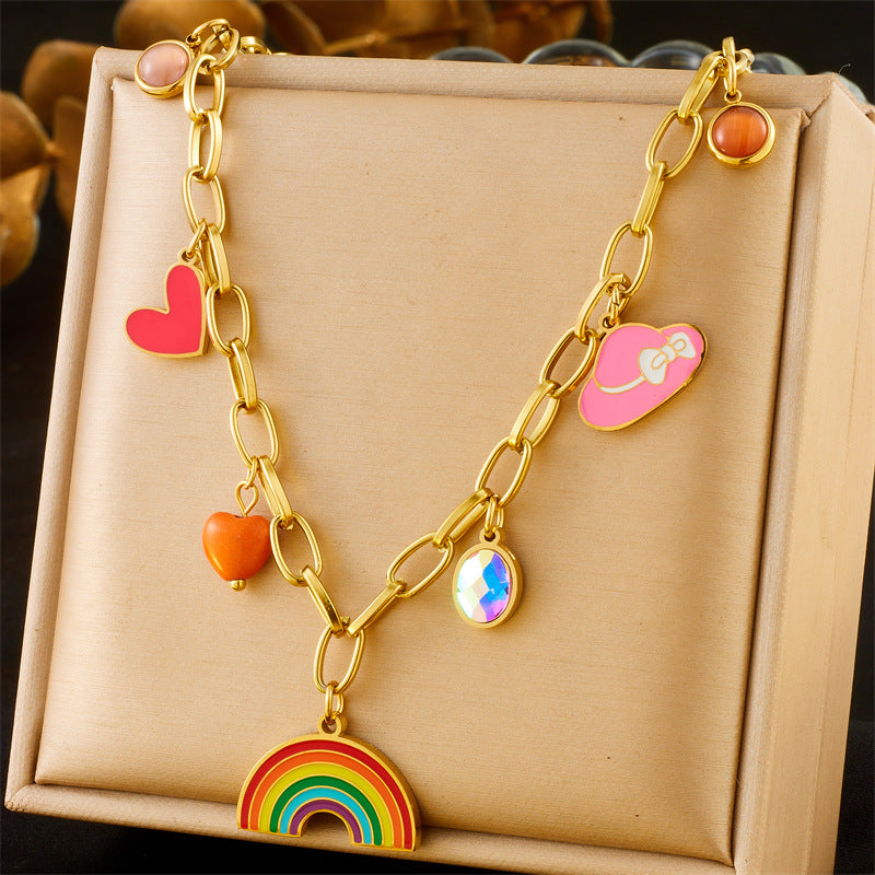 Fashion Colorful Drip Oil Flower Butterfly Eye Pendant Stainless Steel Cable Chain Necklace for Women