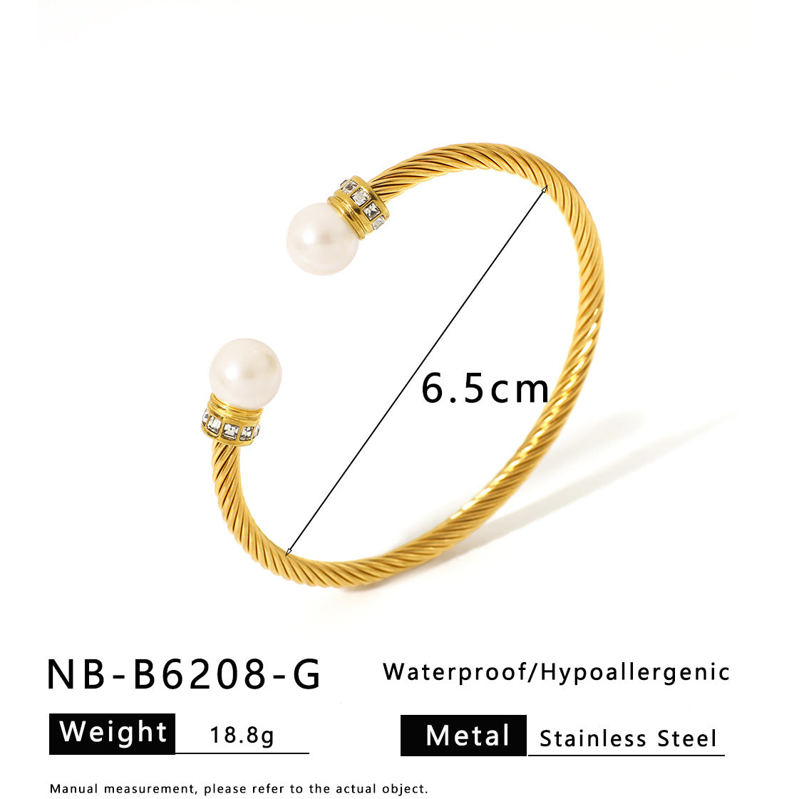 Bracciale da donna in acciaio inossidabile a polsino aperto, con accento di perle geometriche minimaliste e placcatura sottovuoto in titanio 18K