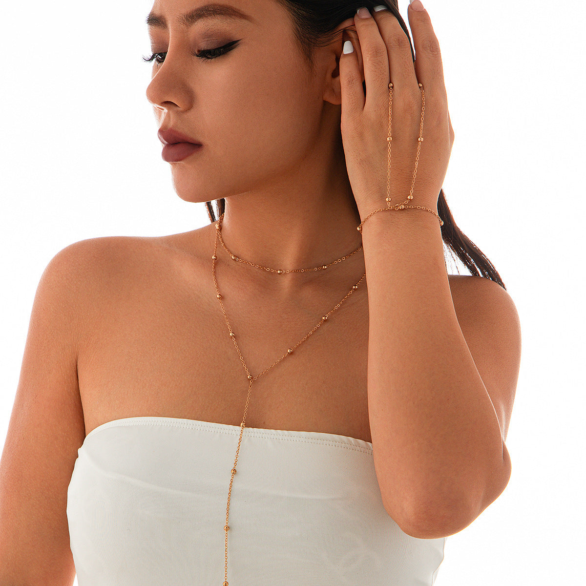 Minimalist Geometric Crystal Pendant Brass Plated Y-Shape Multi-Layer Necklace for Women