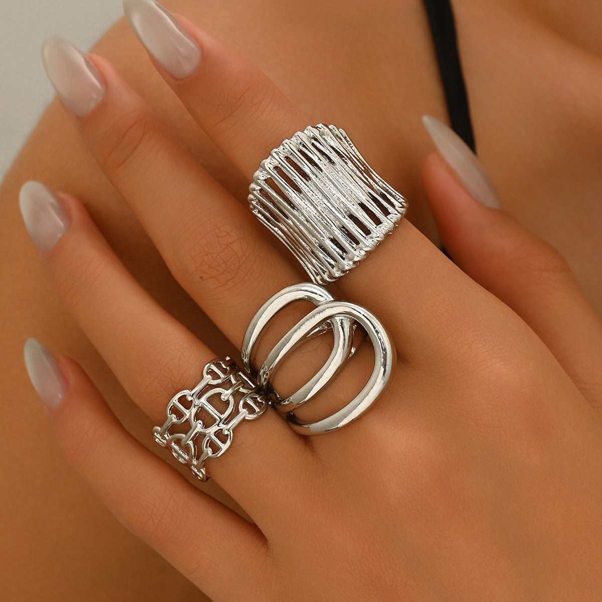 Juego de anillos ajustables de aleación de zinc pulido geométrico para mujer con patrones circulares y de anillos, joyería de mano minimalista de moda