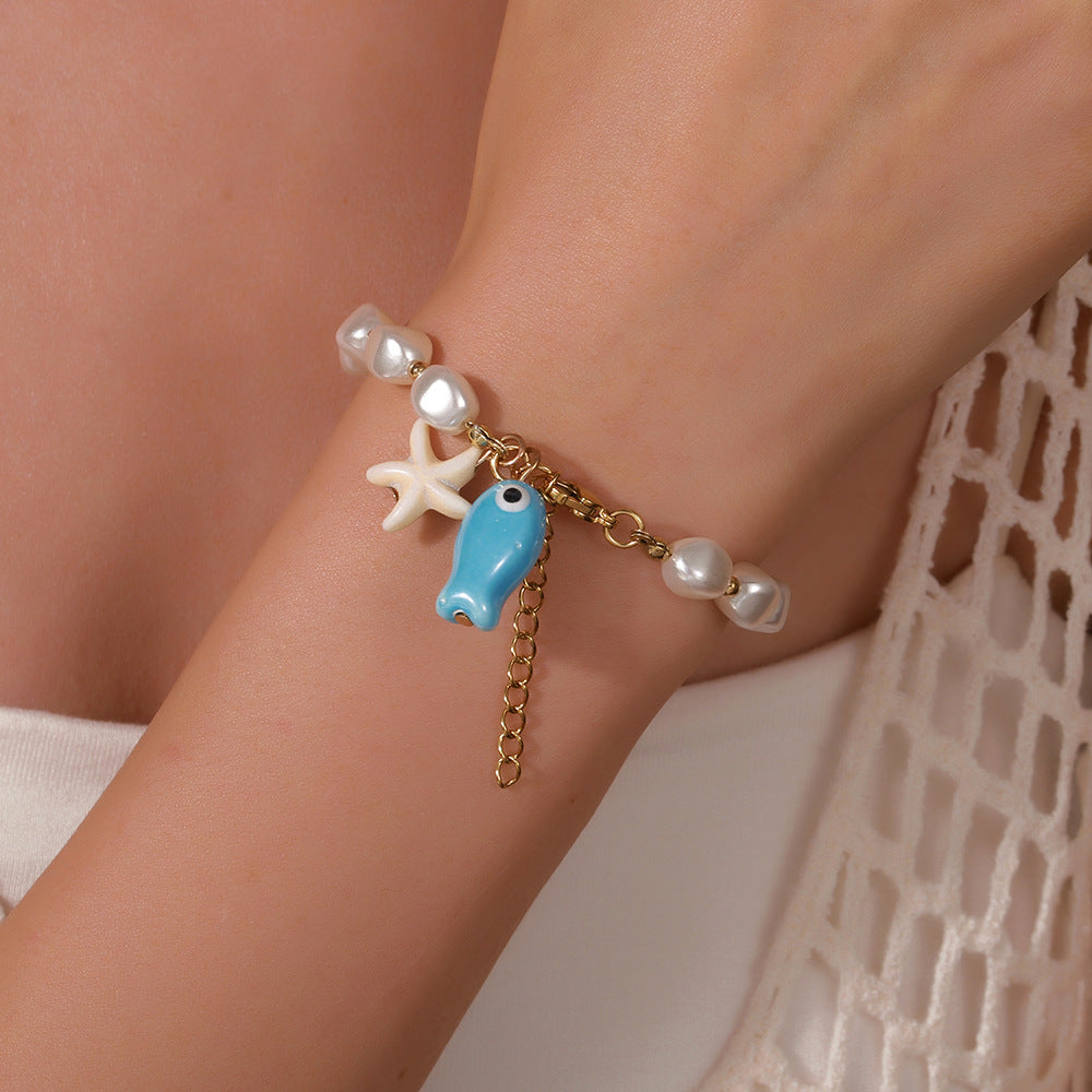 Sweet Geometric Turquoise Ceramic Imitation Pearl Bracelet for Unisex