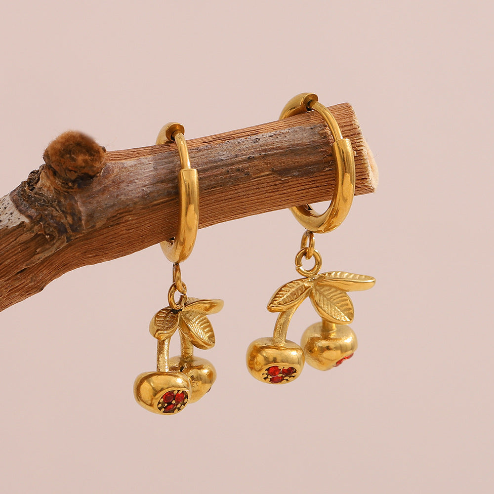 Fashionable Cherry-Shaped Stainless Steel Earrings with 18K Gold Plating and Colorful Rhinestones for Women