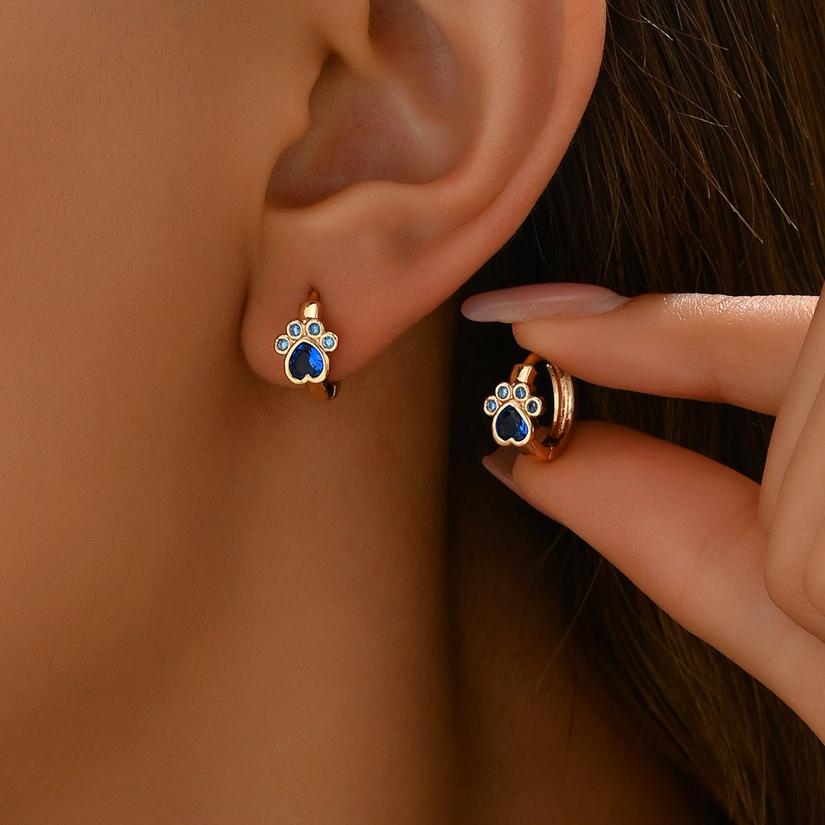 Minimalist Fashionable Bear Paw Stud Earrings for Women with Cubic Zirconia Inlay on Copper Base and Stainless Steel Posts