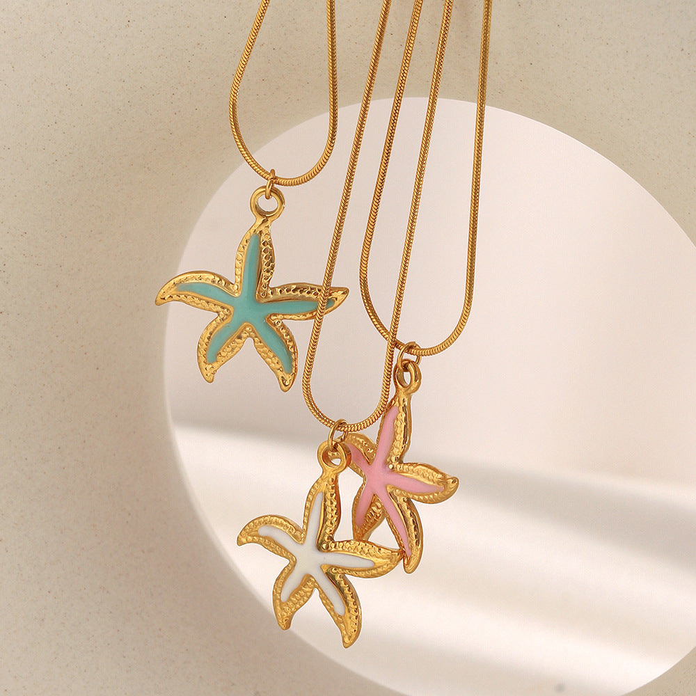 Luxury Star-Shaped Stainless Steel Plated 18K Gold Enamel Sea Star Pendant Necklace for Women
