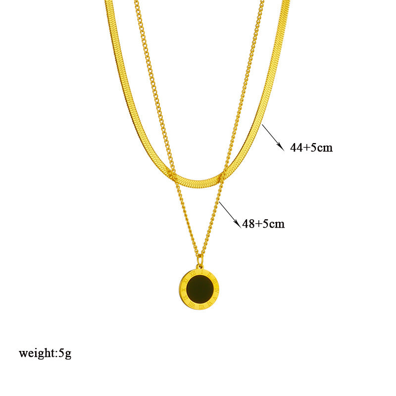 Minimalist Retro Black Roman Round Pendant Necklace in Titanium Steel with Snake Chain
