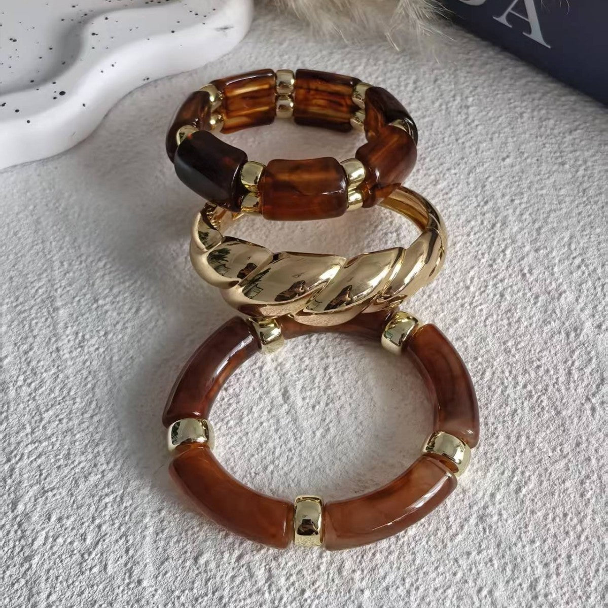 Geometric Gold Plated Alloy Rope Chain Bracelet with Coffee Beads