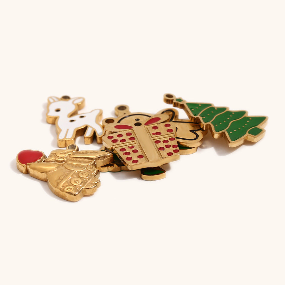 Ciondolo natalizio per creazione di gioielli fai da te in acciaio inossidabile con placcatura in oro 14K e finitura smaltata con motivi di Babbo Natale, alci, fiocchi di neve e confezioni regalo