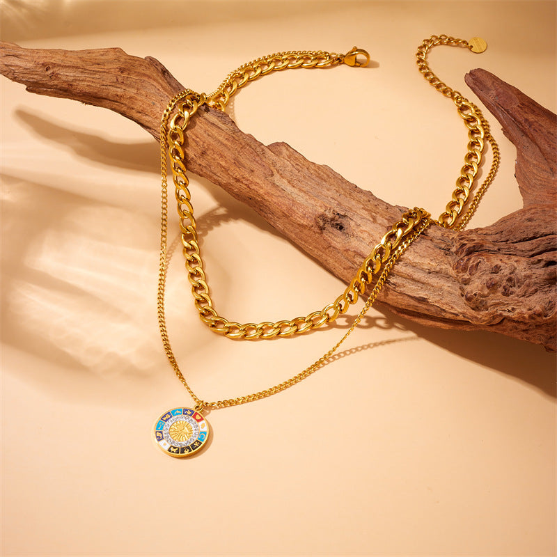 Collana Pendente Mano e Occhio in Acciaio Inossidabile Placcato Oro Doppio Strato Vintage