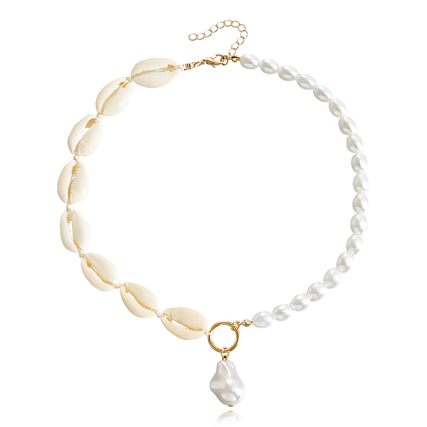 Handwoven Beach Casual Geometric Shell-Shaped Imitation Pearl Pendant Necklace for Women with Alloy Body and Plated Finish