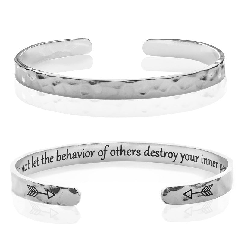 Minimalist Stainless Steel Engraved Open Moon Surface Textured Hammered Bracelet
