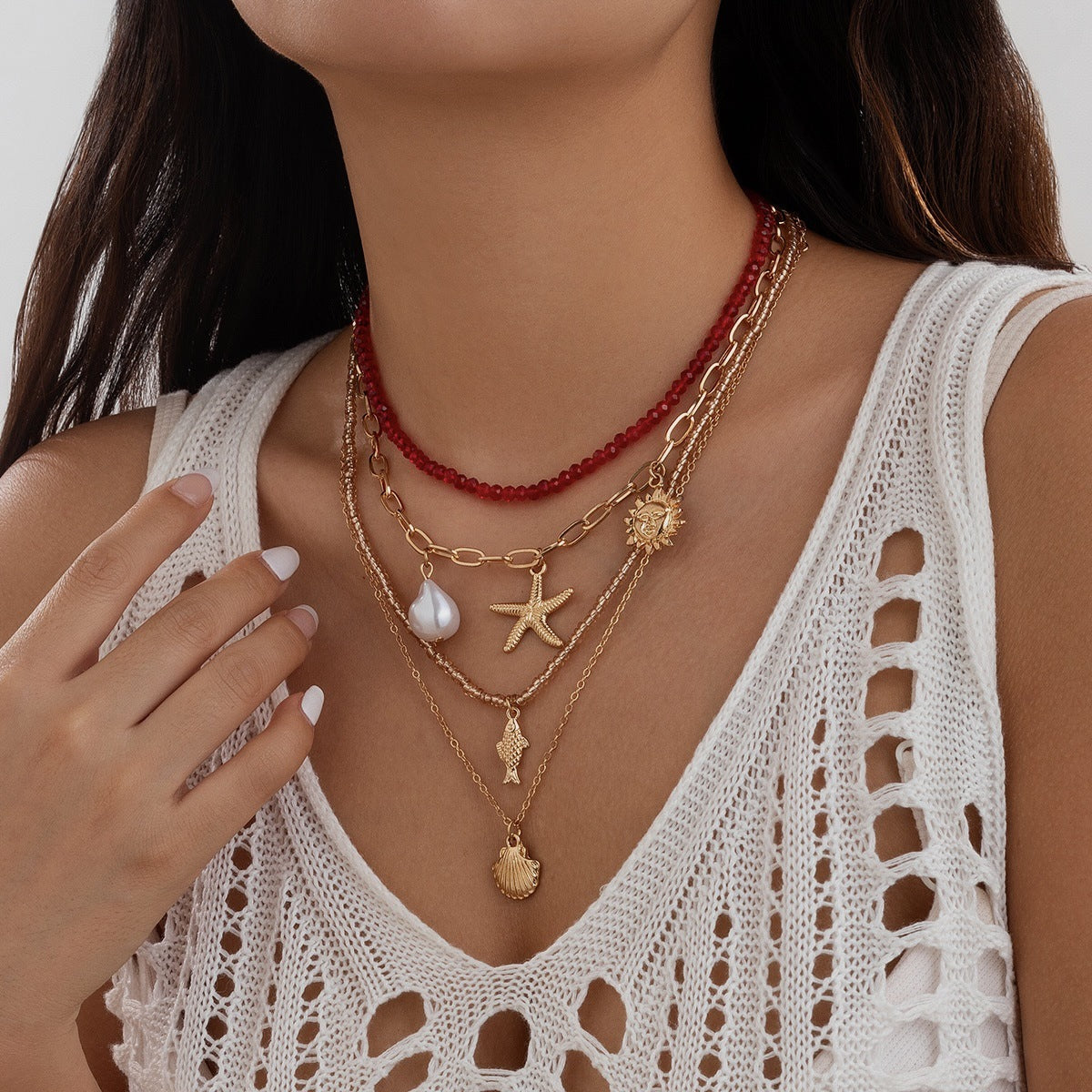 Vintage Bohemian Sweet Geometric Alloy Resin Leather Beaded Necklace for Women