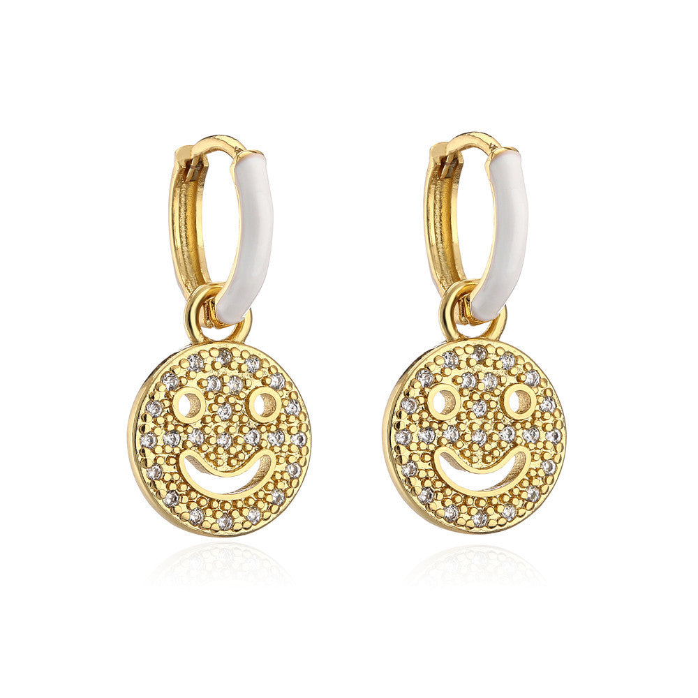 Sweet Geometric Drip Oil Brass Micro-Paved Cubic Zirconia 18K Gold Plated Smile Earrings