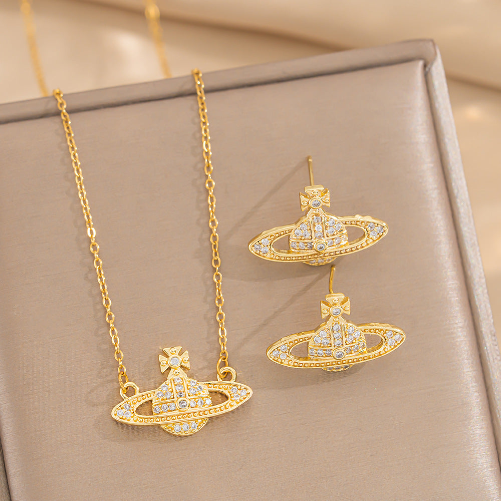 Minimalist Geometric Gold-Plated Titanium Steel Necklace for Women with Rhinestone Inlay and O-Chain