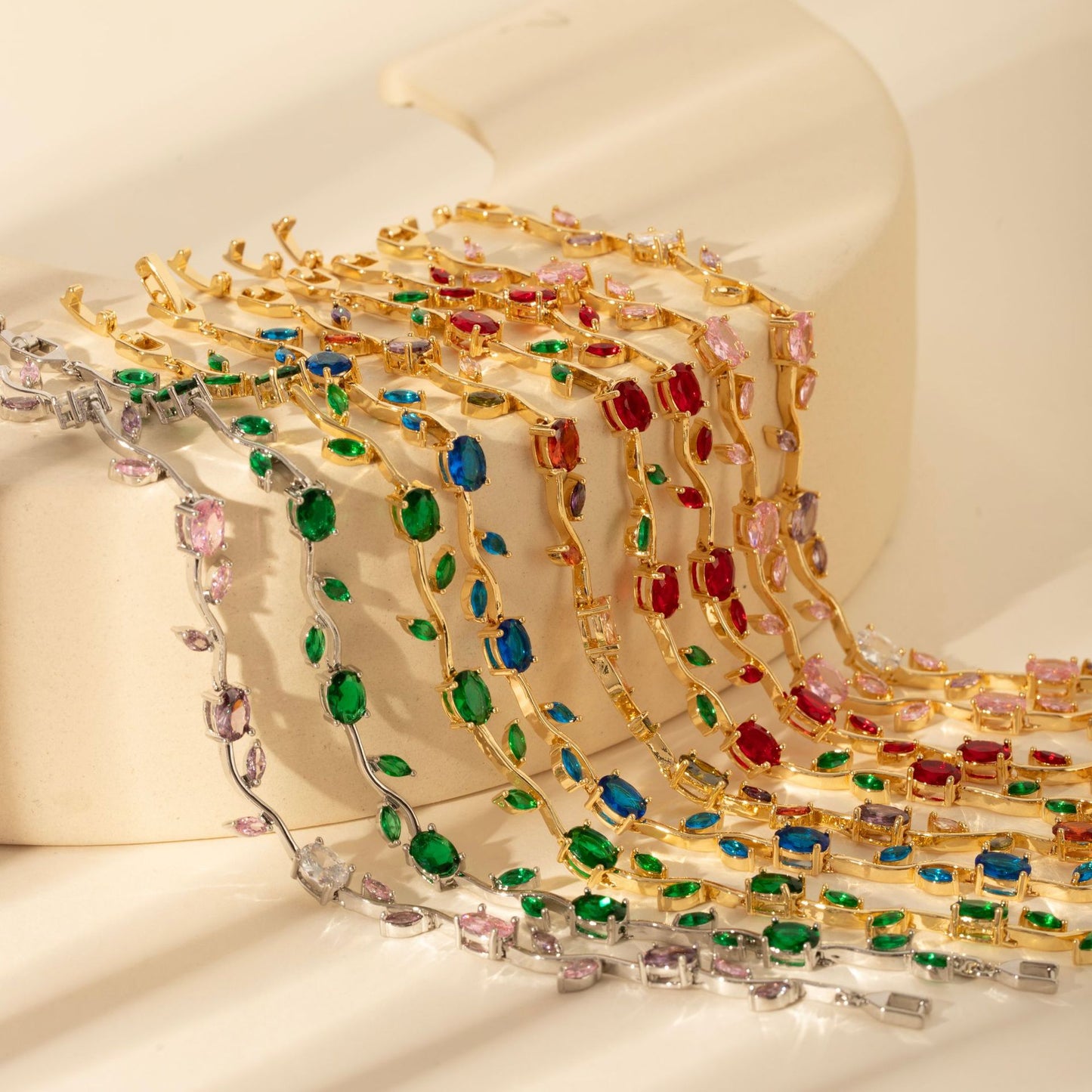 Luxury Gold Plated Brass Leaf Bracelet with Cubic Zirconia Inlay Unisex Floral Design