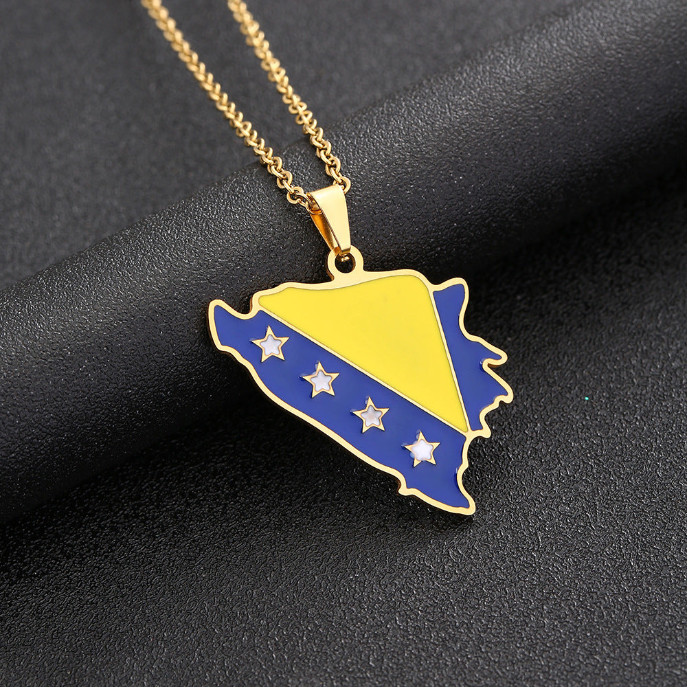 Collar con colgante de mapa geométrico de estilo étnico de Bosnia y Herzegovina en acero inoxidable con dije de acero de titanio, cadena en O galvanizada, unisex