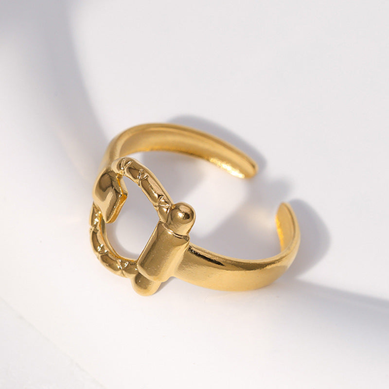 Minimalist Titanium Steel Leaf and Heart Shape Open Ring for Women with Plated Finish