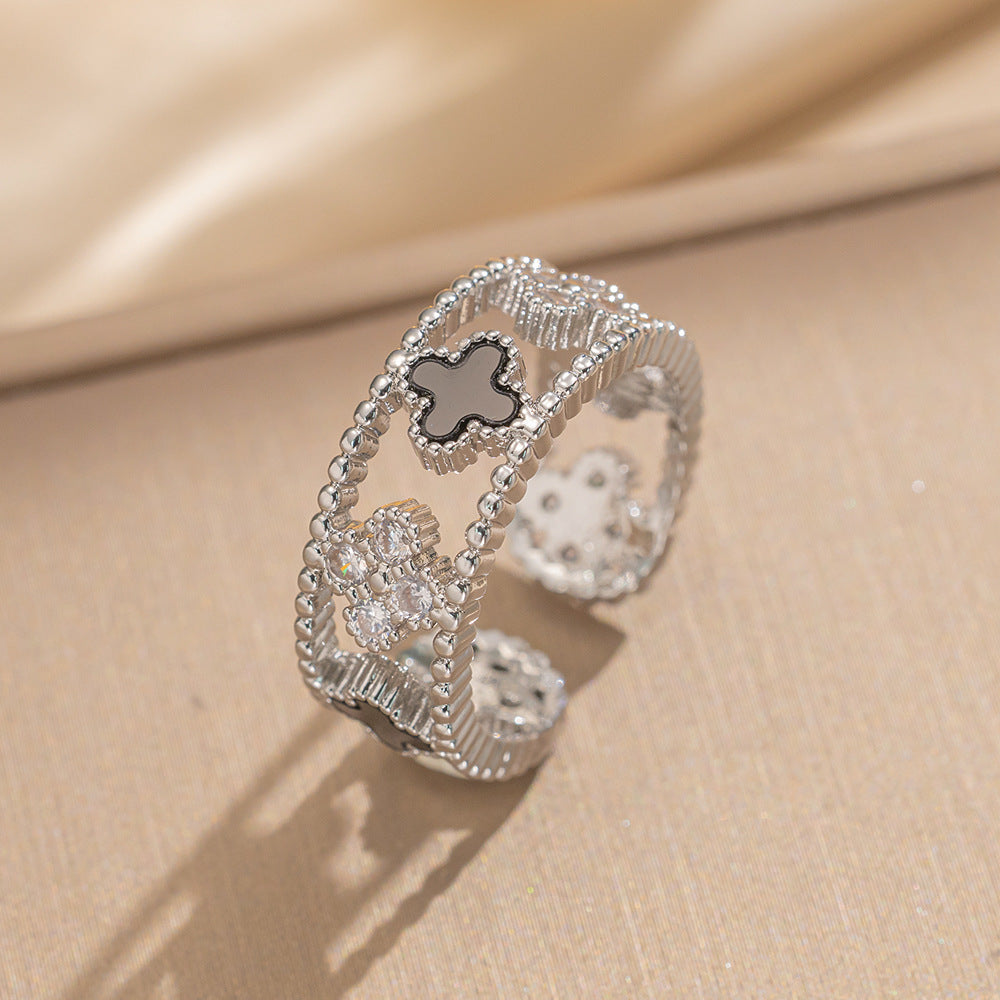 Luxury Minimalist Adjustable Open Ring for Women with Gold-Plated Copper Band and Zircon Stone Accent in Heart and Floral Shape