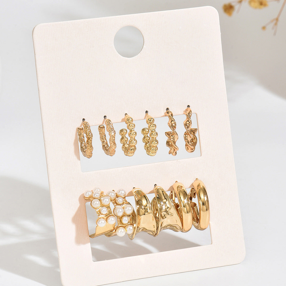 Vintage Business Geometric Square Round Alloy Plated Hoop Earring Set with Pearl Inlay for Women
