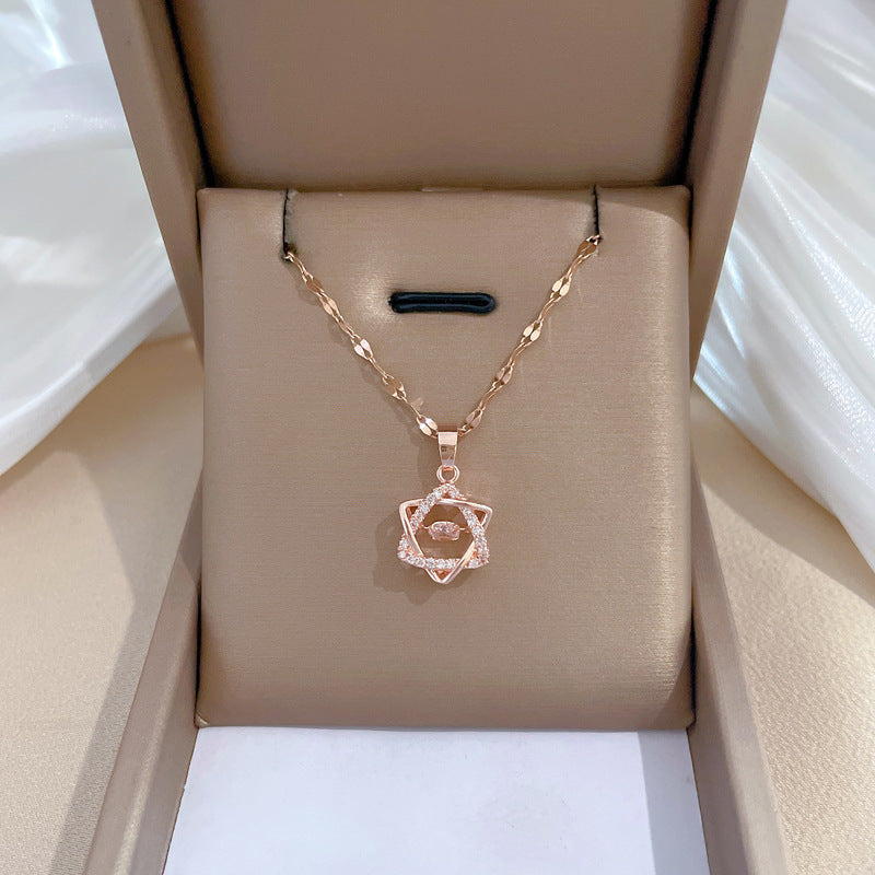 Collana con ciondolo a stella esagonale con strass, in acciaio al titanio, con motivo lunare, dolce e fresca, di lusso