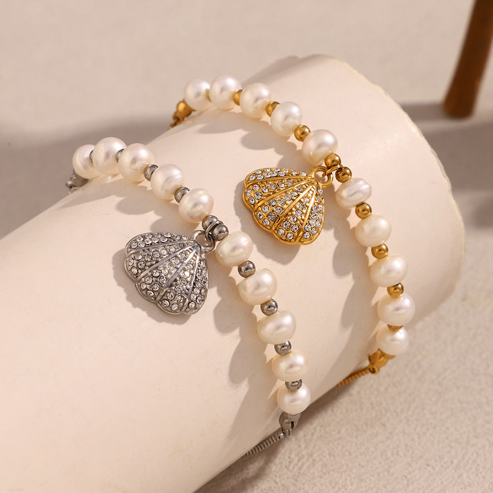 Bracciale regolabile da donna in acciaio inossidabile placcato oro 18 carati con perle e conchiglie, stile vintage geometrico