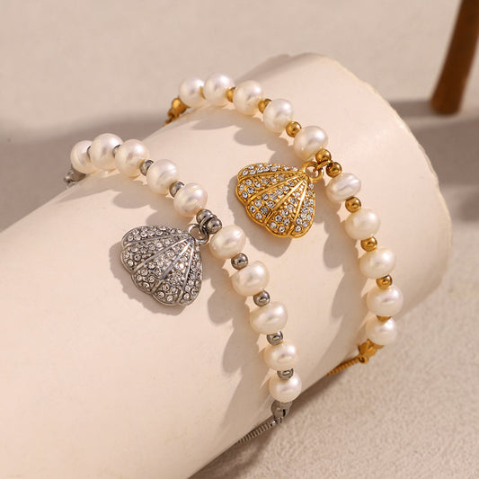 Vintage Style Geometric Stainless Steel 18K Gold Plated Pearl and Shell Adjustable Bracelet for Women