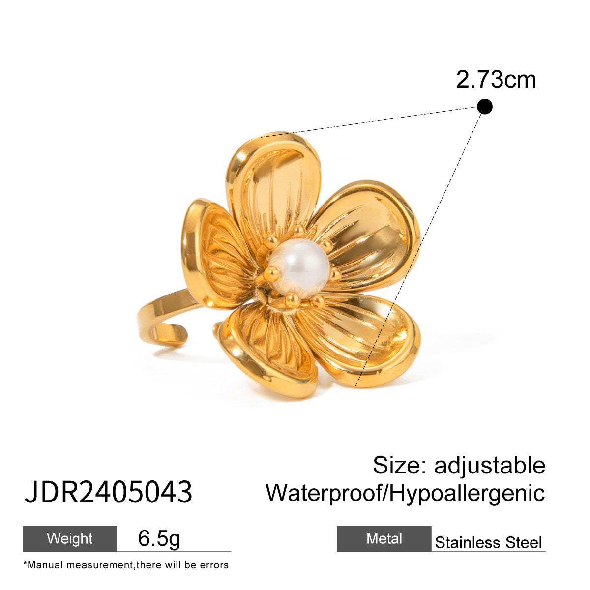 Elegante Anillo de Flor Chapado en Acero Inoxidable con Incrustaciones de Perlas para Mujer