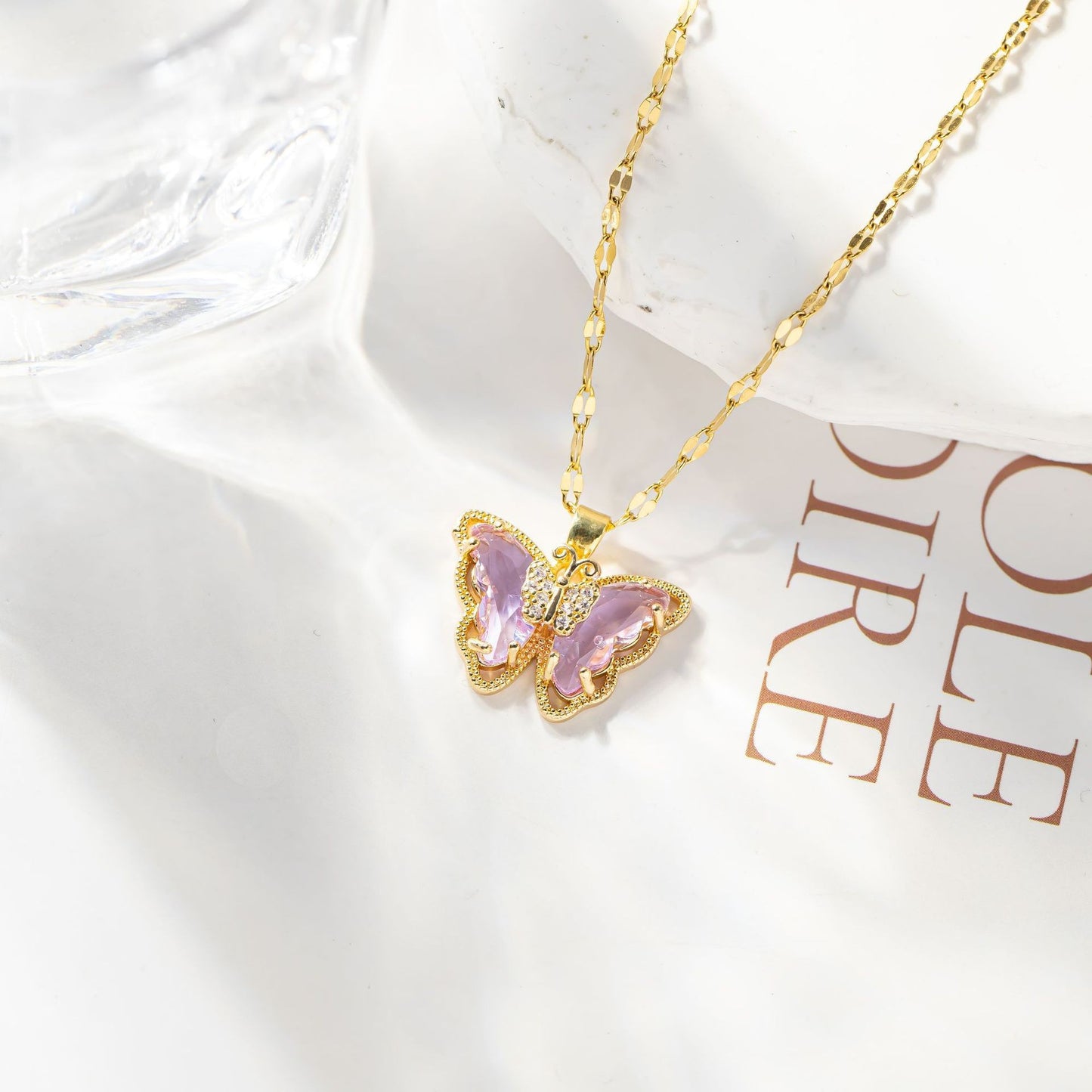 Minimalist Elegant Gold Plated Titanium Steel Butterfly Necklace with Crystal Inlay for Women