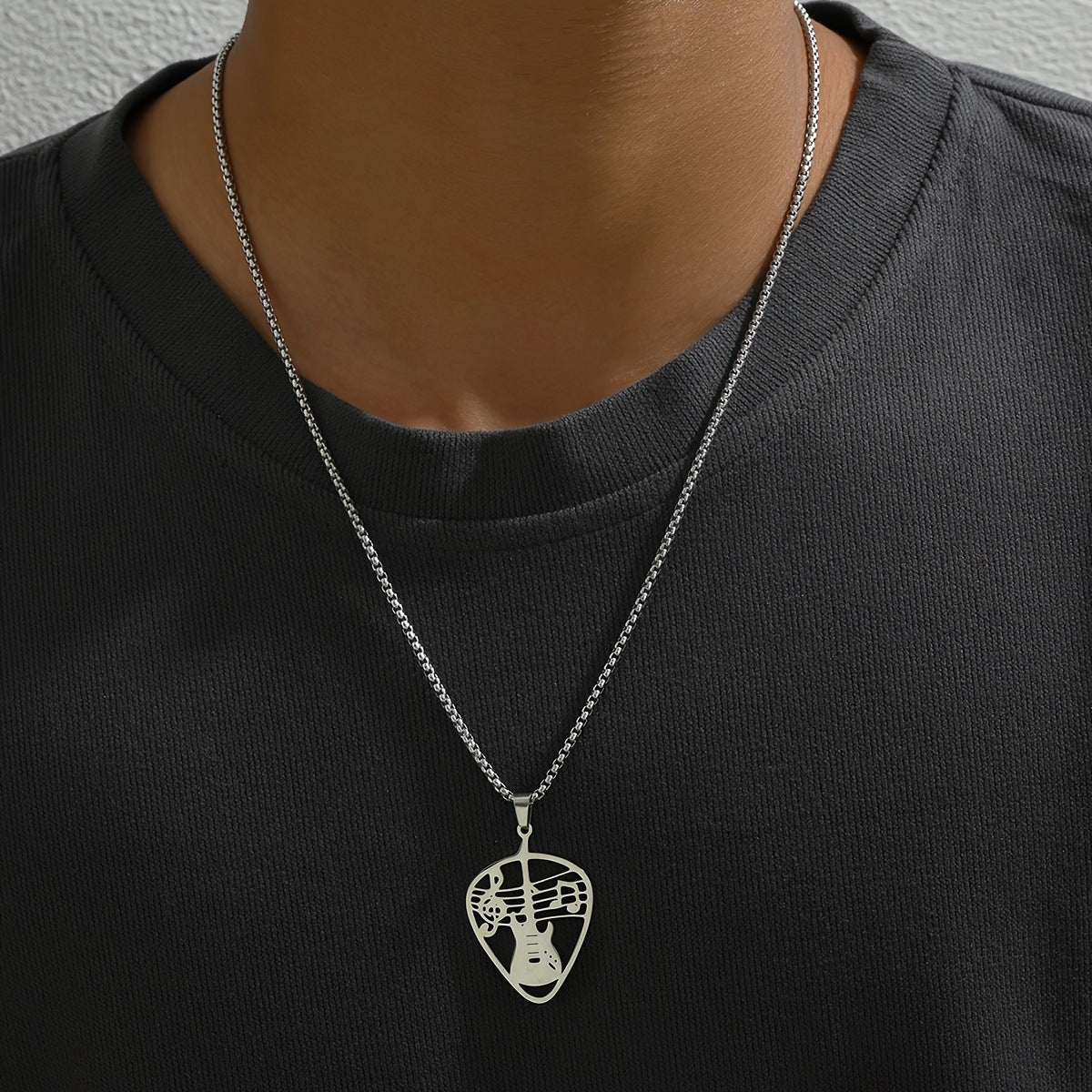 Minimalist Geometric Guitar Pick Pendant Necklace in Stainless Steel and Titanium Steel with Polished Finish Unisex Jewelry