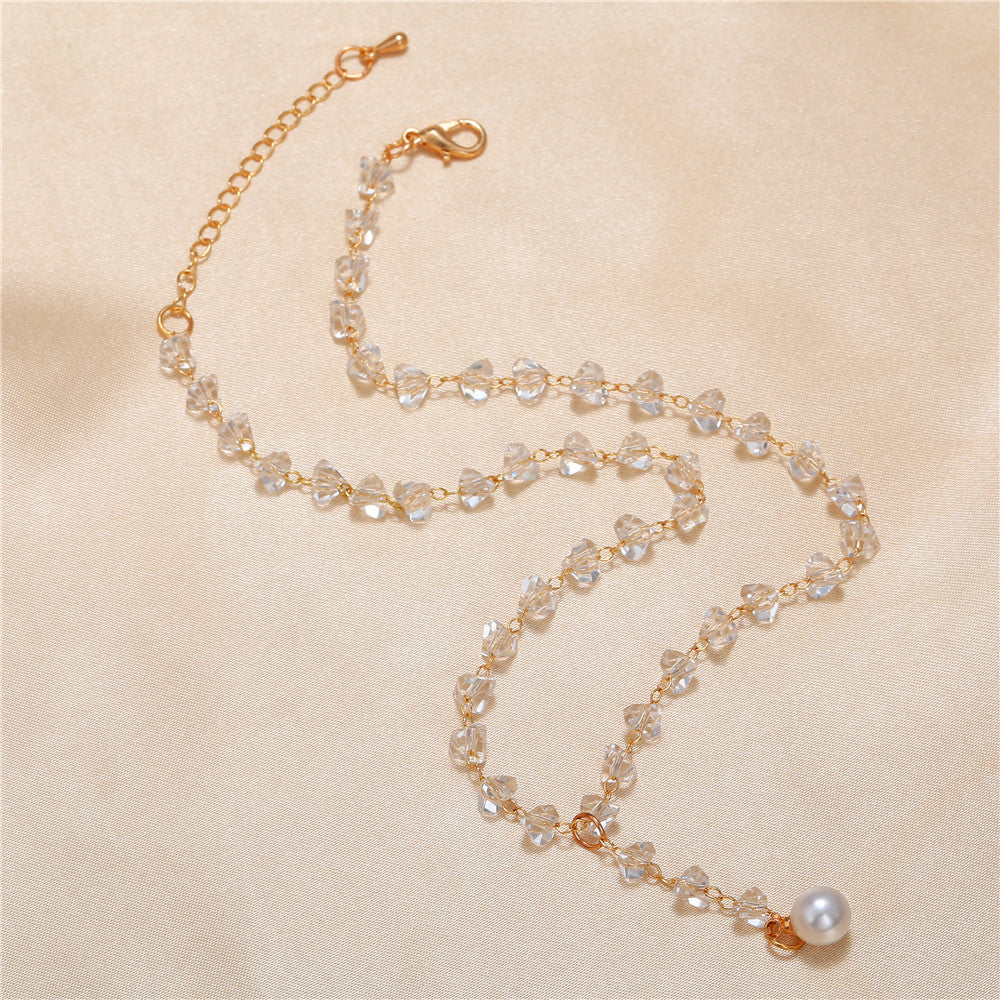 Sweet Geometric Crystal Pearl Pendant Alloy Necklace for Women with Cable Chain