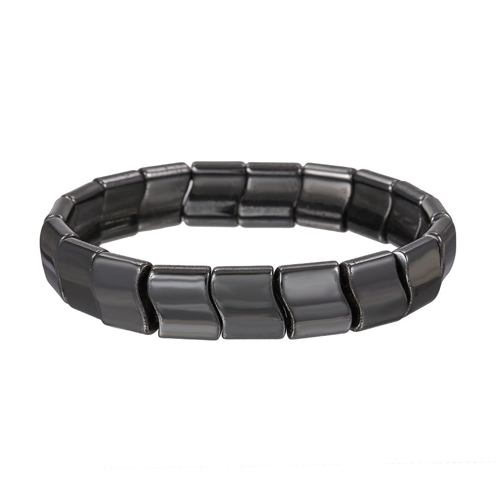 Vintage Handmade Geometric Round Hematite Bracelet with Turquoise Inlay for Unisex
