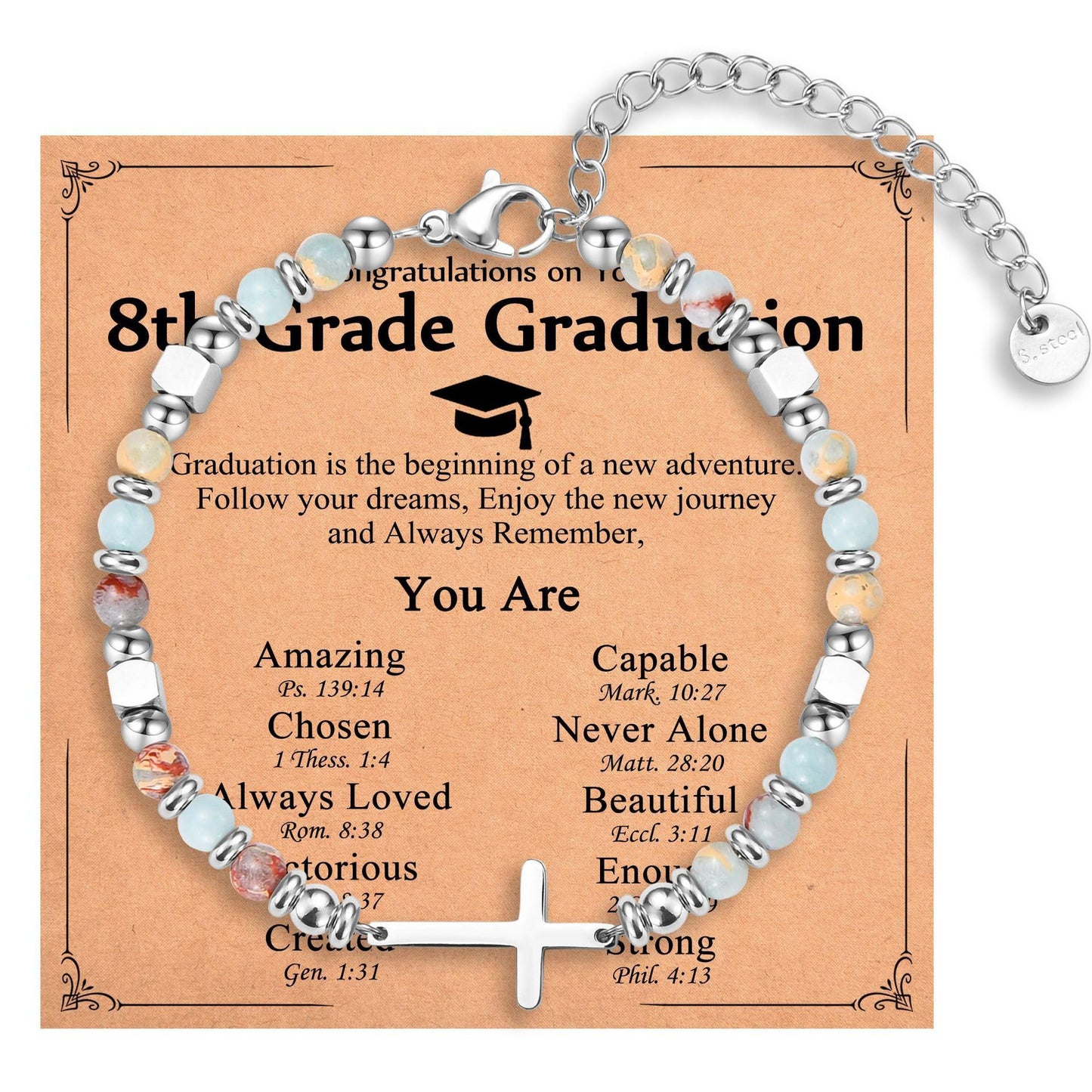 4mm Natural Stone Blue Shoushan Stainless Steel Cross Pendant Adjustable Bracelet