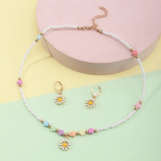 Cute Floral Pendant Necklace Set for Girls Alloy Children's Princess Jewelry with Matching Earrings